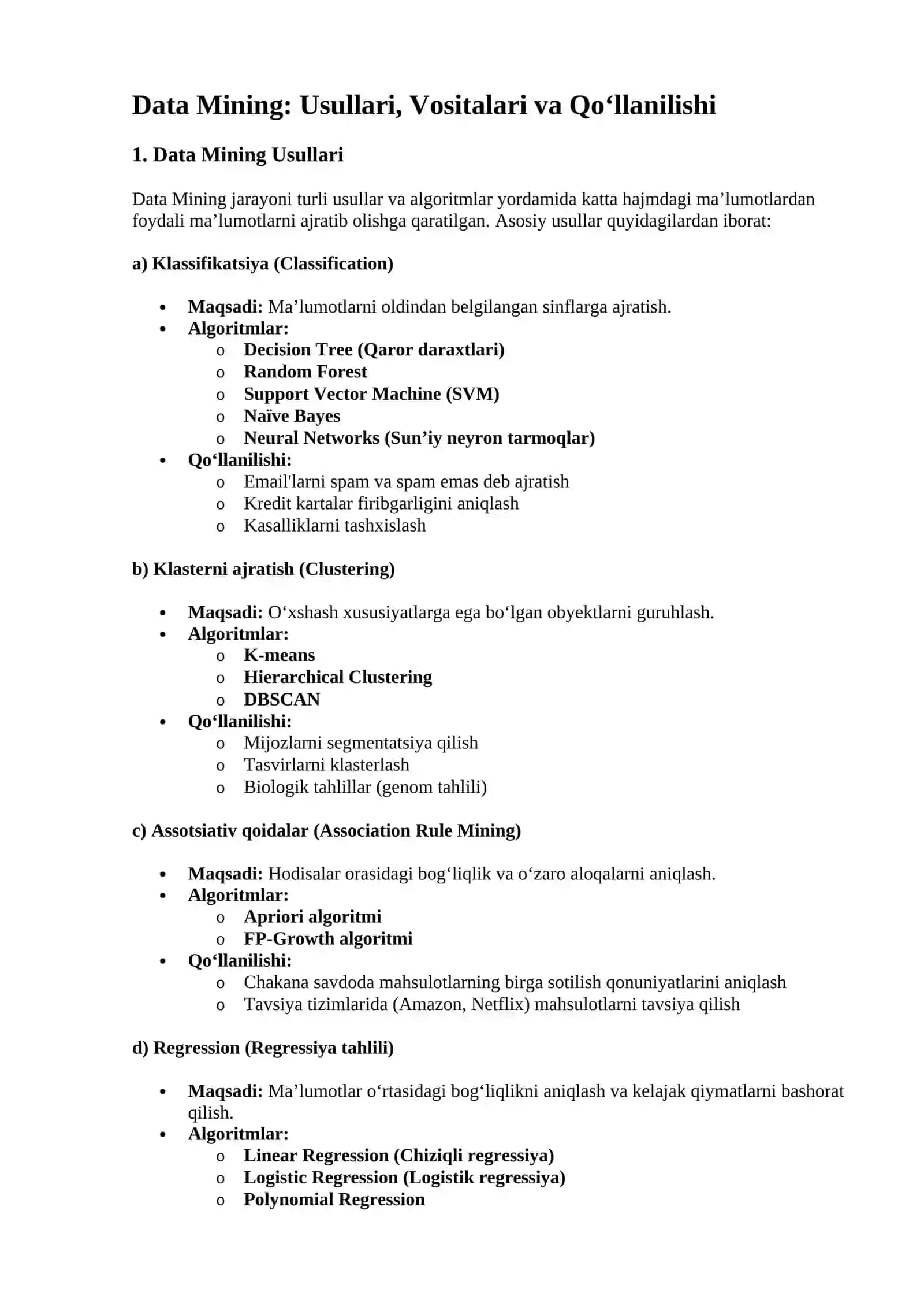 Data Mining texnologiyalari bilan ishlash 2