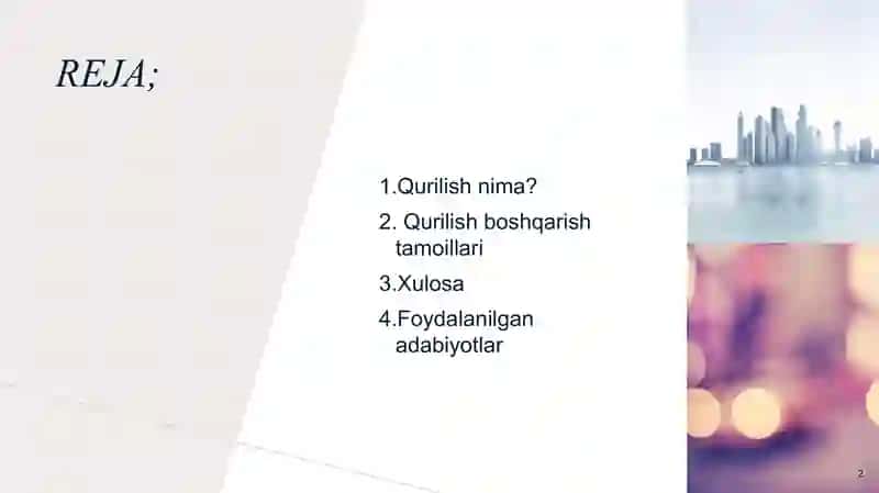 Qurilish boshqarish tamoillari 2