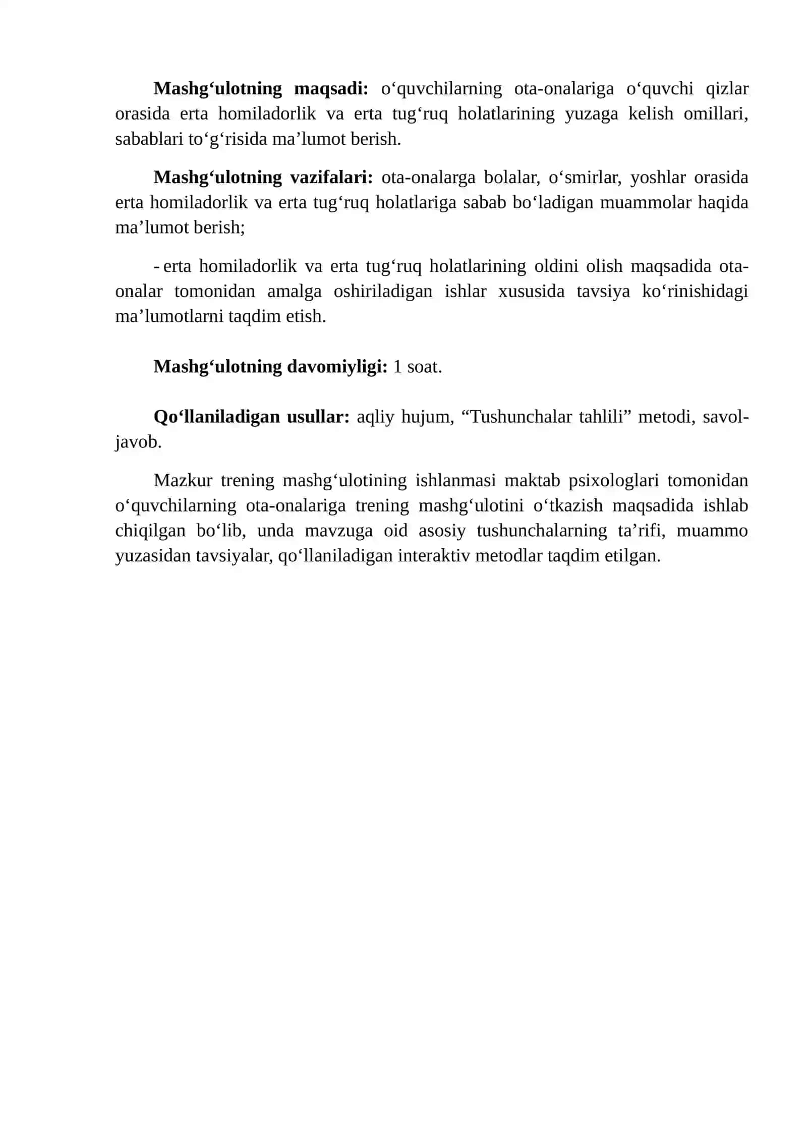 “Voyaga yetmaganlar orasida erta homiladorlikning yuzaga kelishi va uning oldini olish” mavzusida ota-onalar uchun o‘tkaziladigan seminar-trening ishlanmasi 2