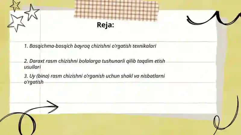 Maktabgacha taʼlim tashkilotlarida alohida predmetlarning rasmini (bayroq daraxt uy ) rasmini chizishga oʻrgatish 2