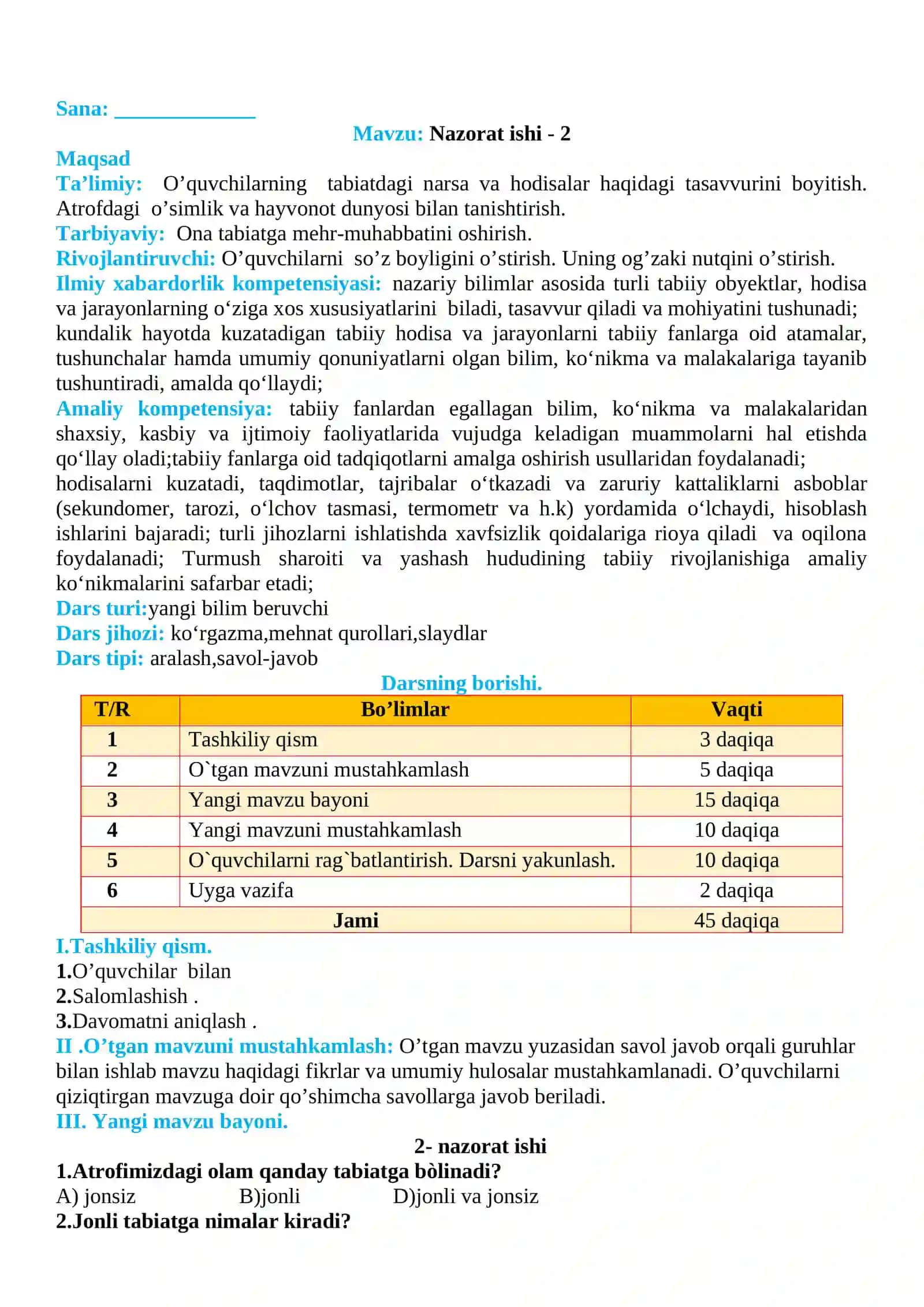 3-sinf Tabiiy fan (Science) 2-Nazorat ishi 2