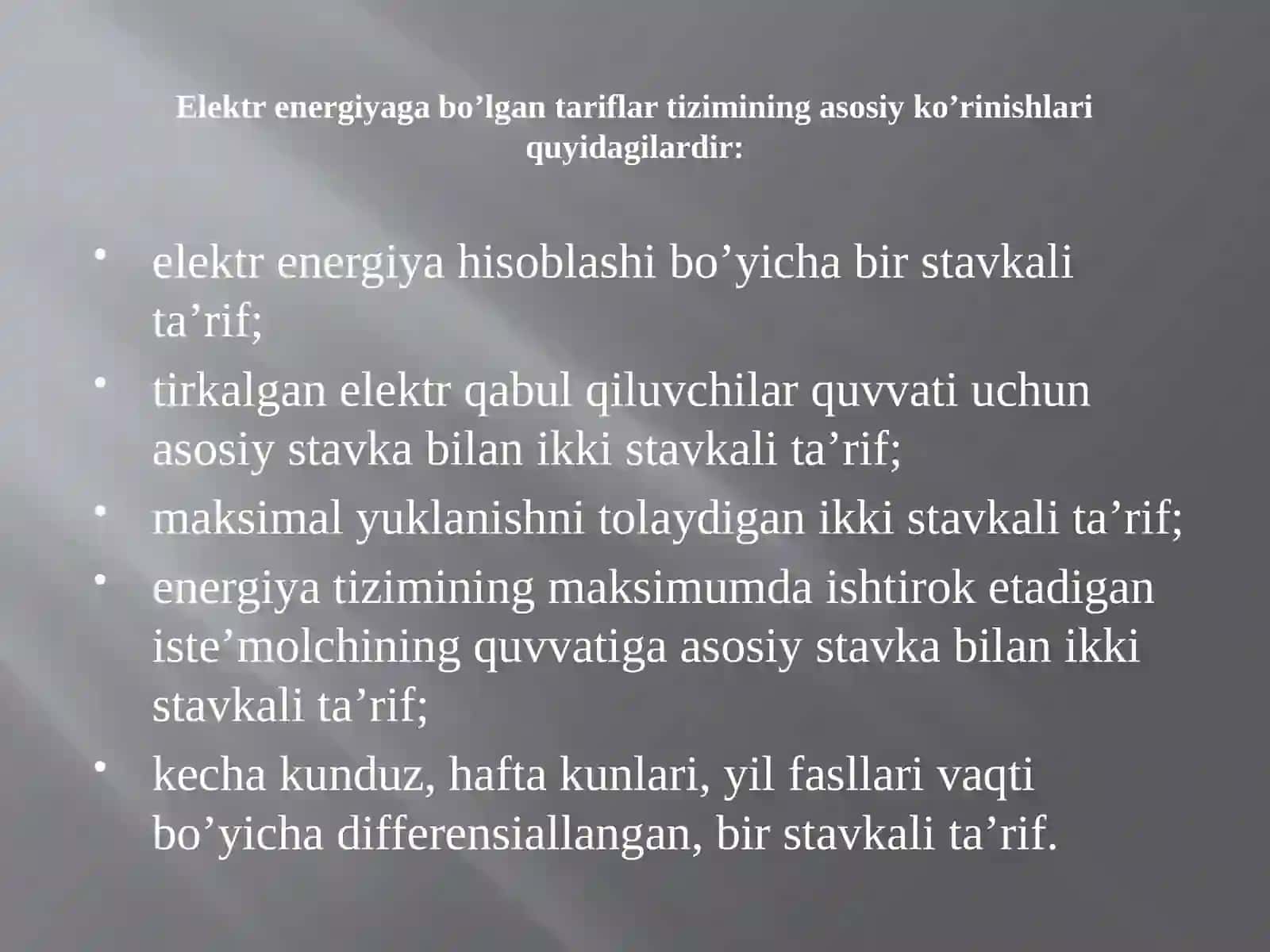 ELEKTR ENERGIYASIGA TARIFLAR 2