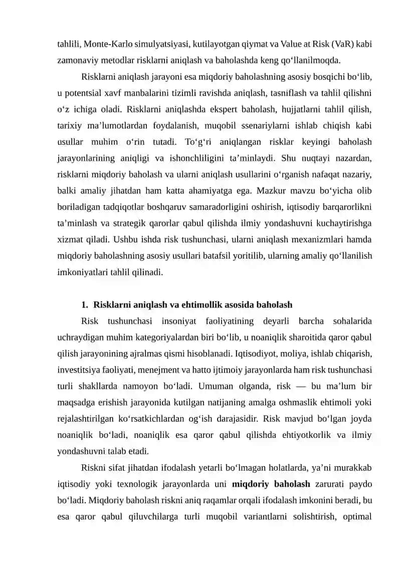 Risklarni miqdoriy baholash va ularni aniqlash usullari 2