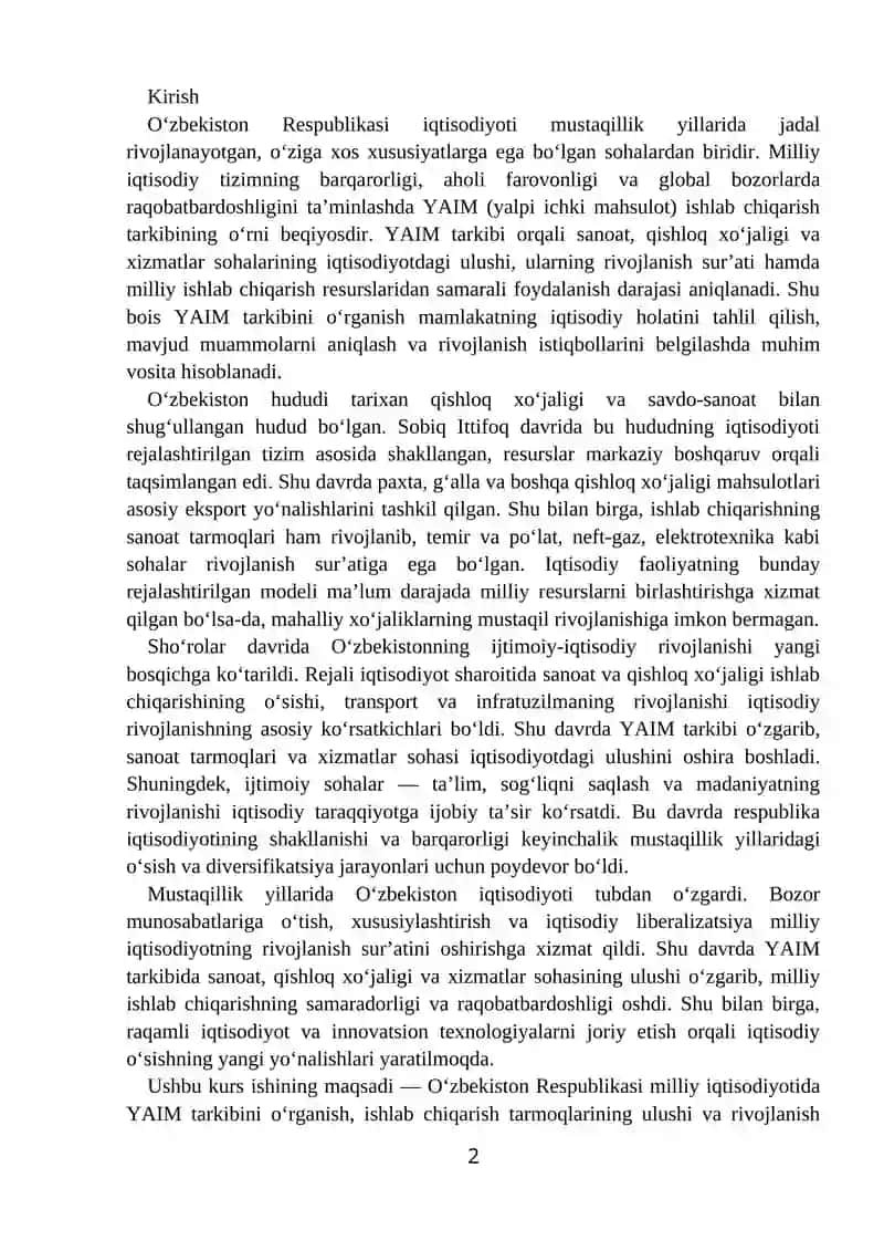 Oʻzbekiston respublikasida Yaimning ishlab chiqarish tarkibi tahlili 2