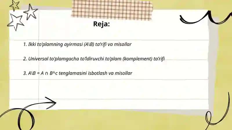 Ikki toʻplamning ayirmasi, universal toʻplamgacha toʻldiruvchi toʻplam 2