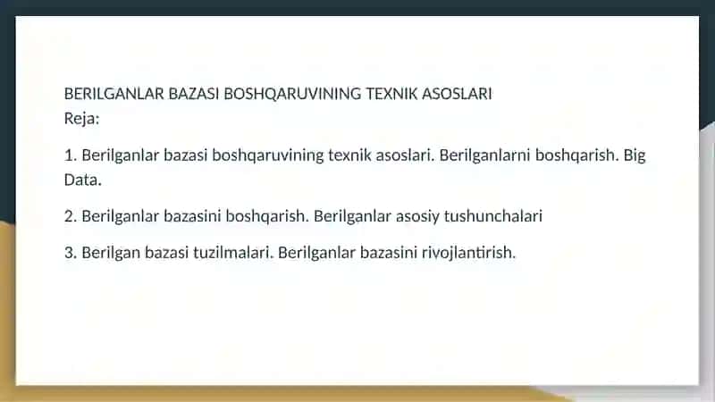 BERILGANLAR BAZASI BOSHQARUVININGTEXNIK ASOSLARI 2