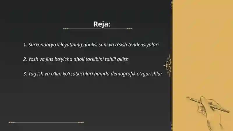Mintaqalar aholisi demografiyasi va mehnat resurslarini holatini o'rganib tahlil qi;lish (surxondaryo Viloyati misolida) 2
