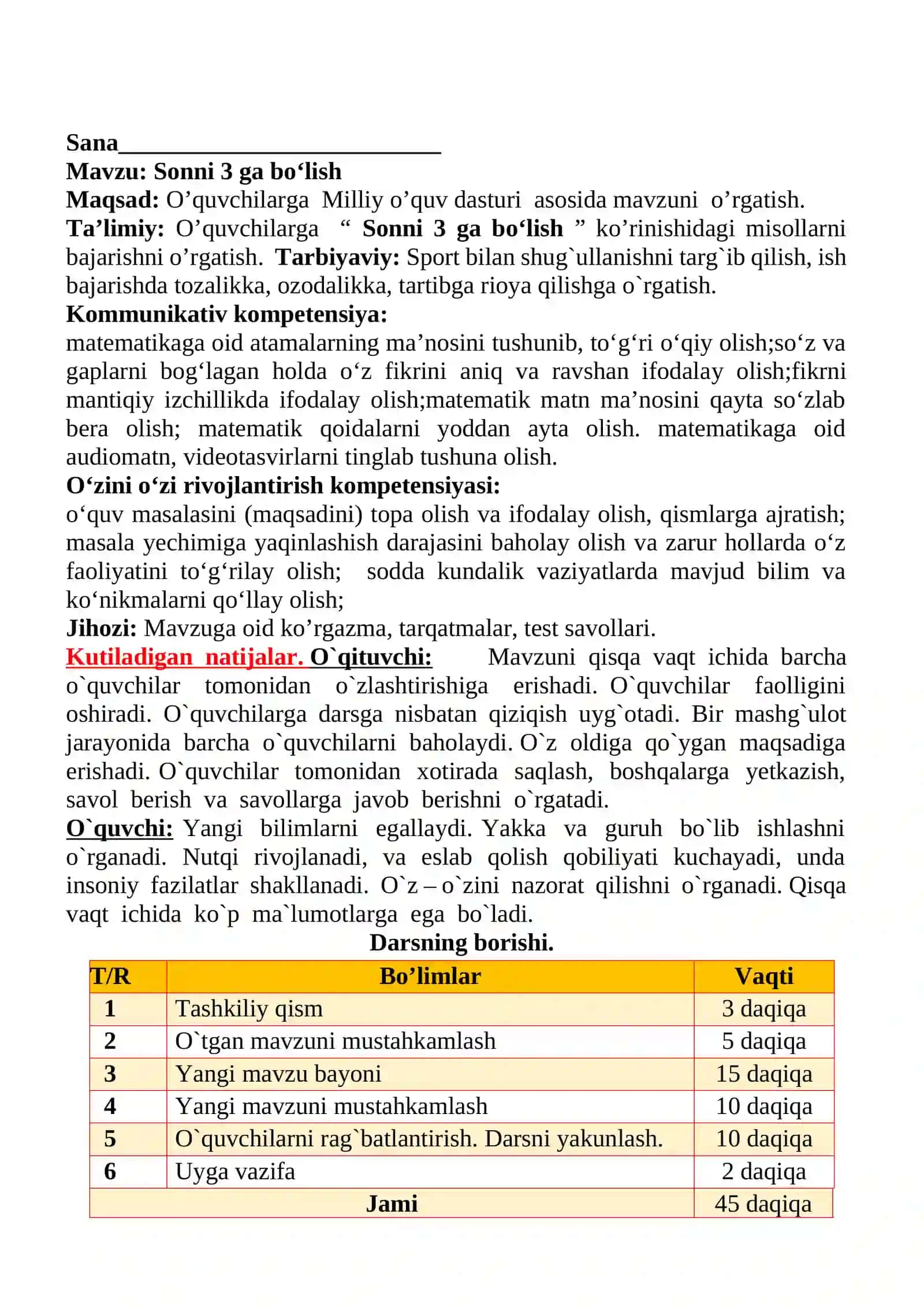 Sonni 3 ga bo‘lish mavzusida 2-sinf matematika fanidan dars ishlanmasi 2