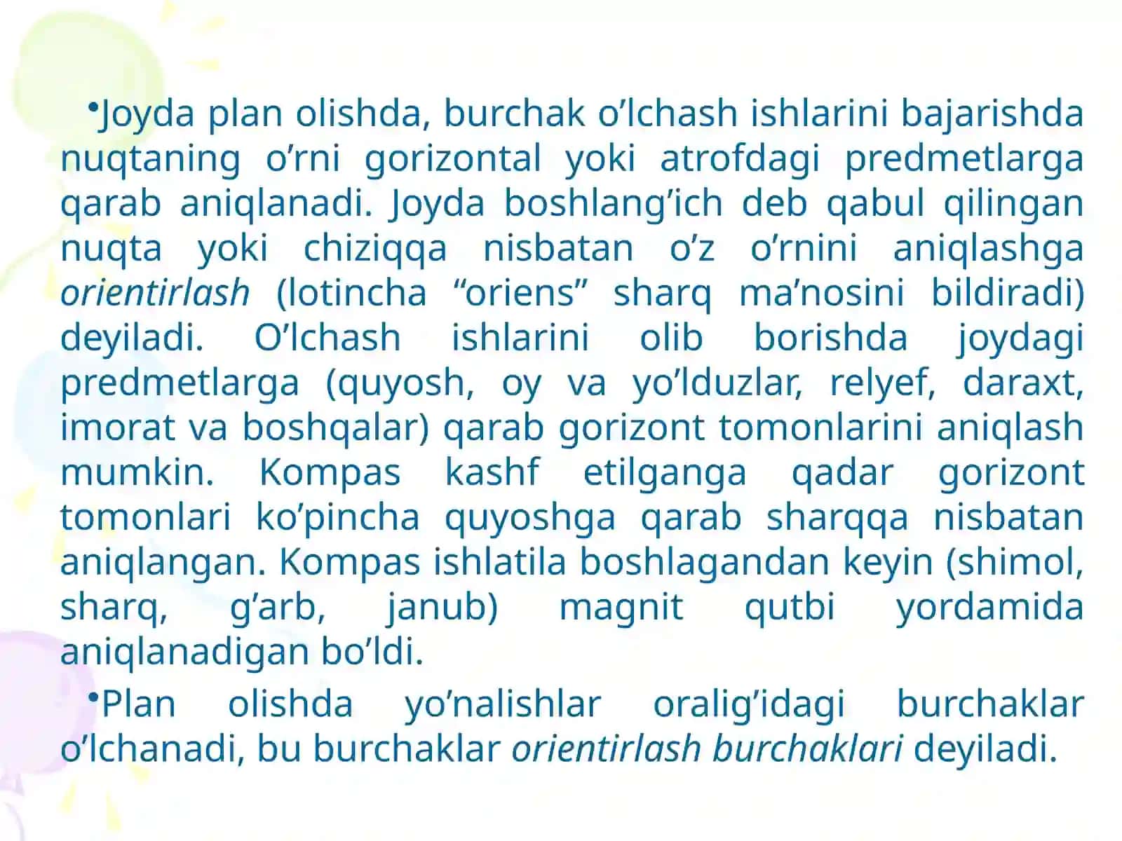 Oriyentirlash burchaklari 2