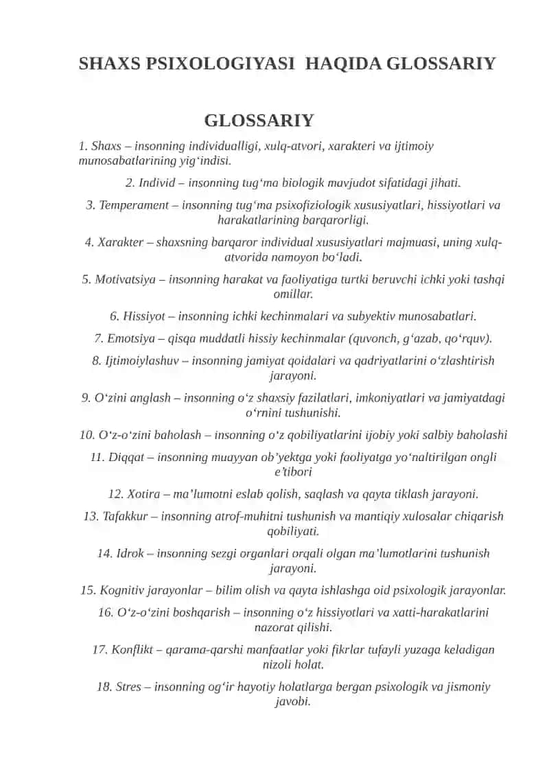 SHAXS PSIXOLOGIYASI HAQIDA GLOSSARIY 2