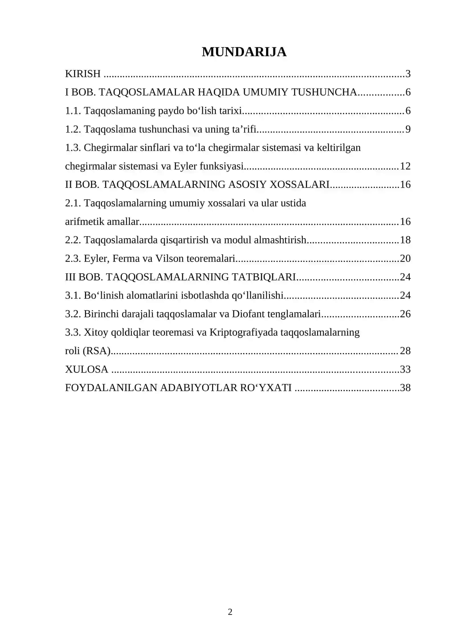 Taqqoslamalar va ularning xossalari kurs ishi 2