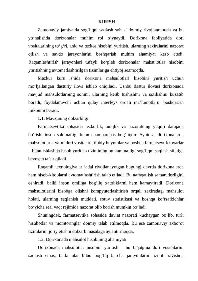 DORIXONA MAHSULOTLARI HISOBINI YURITISH UCHUN DASTUR ILOVASI 2