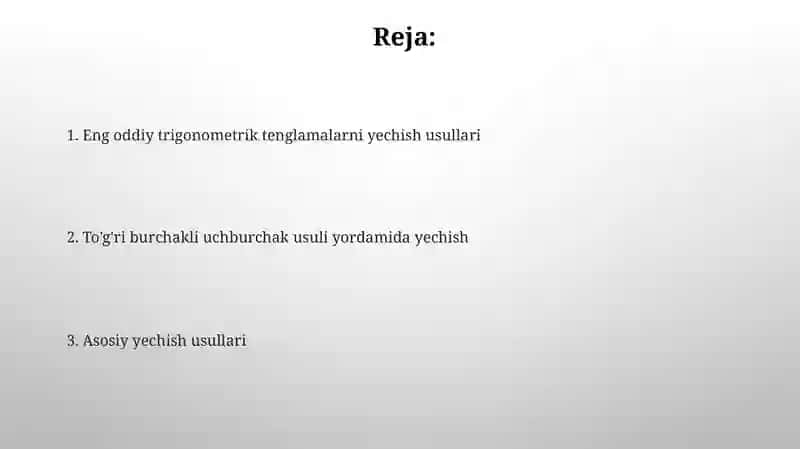 Eng sodda trigonometrik tenglamalarni yechish metodikasi va ularni yechishning asosiy usullari 2