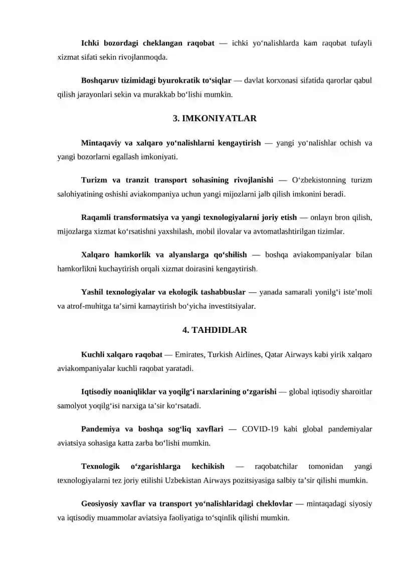 Uzbekistan Airways SWOT tahlili 2
