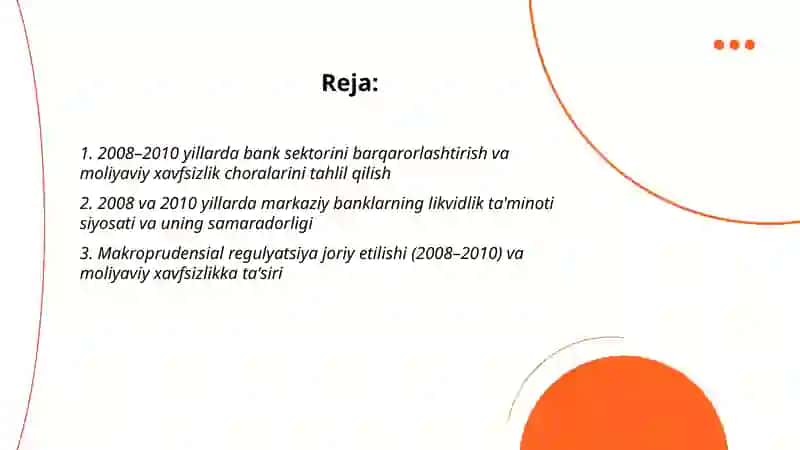 Davrda moliyaviy xavfsizlikni ta'minlash masalalari 2008 va 2010 yillar 2
