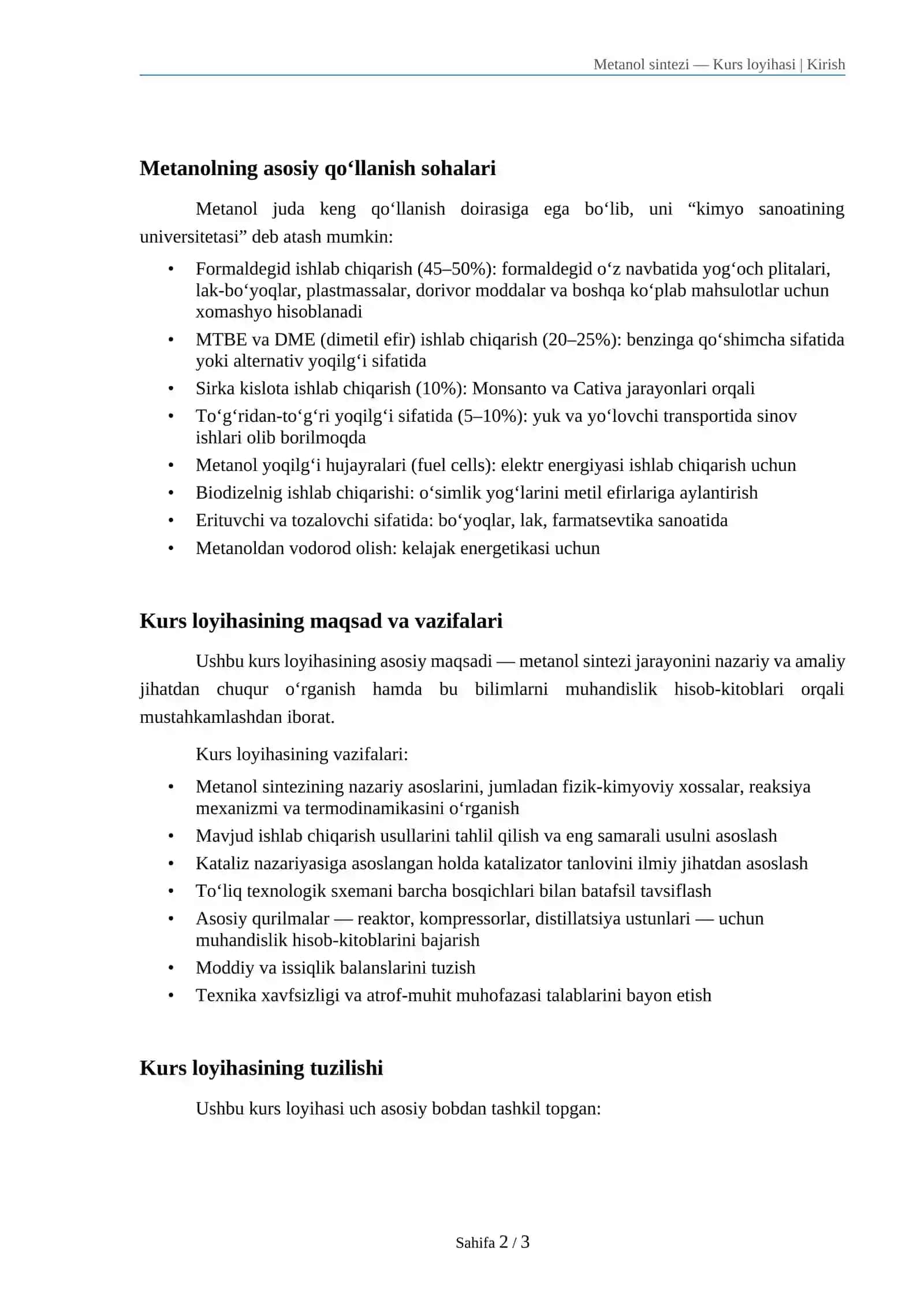 Metanol sintezi — Kurs loyihasi 2
