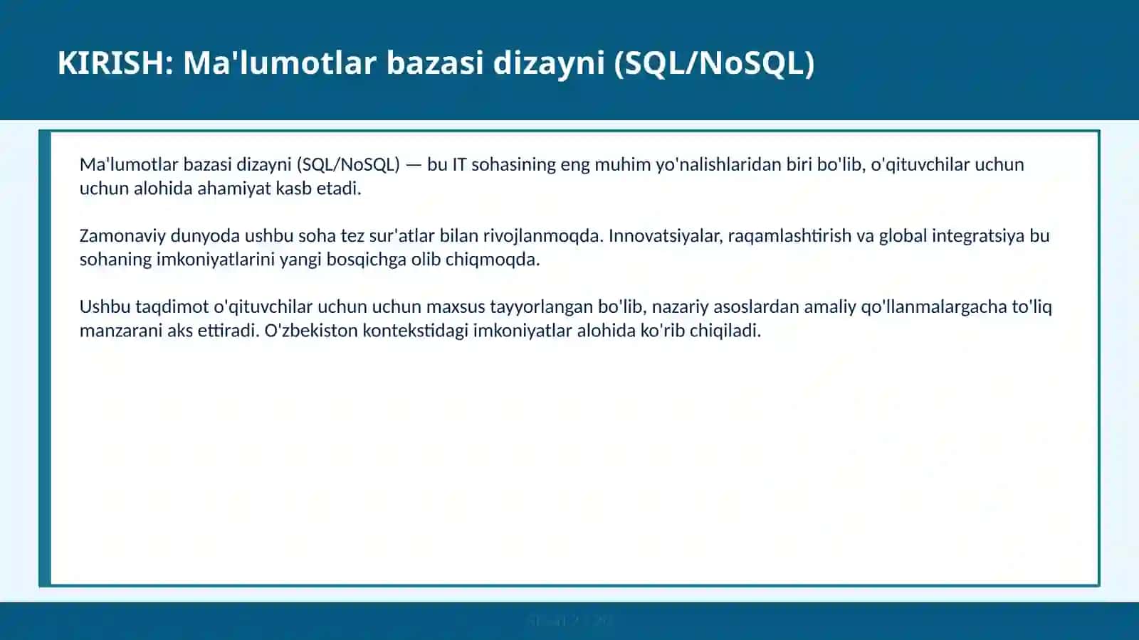 MA'LUMOTLAR BAZASI DIZAYNI (SQL/NOSQL) 2