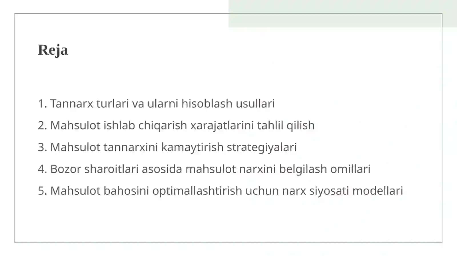 Tannarxni aniqlash, mahsulot bahosini belgilash 2