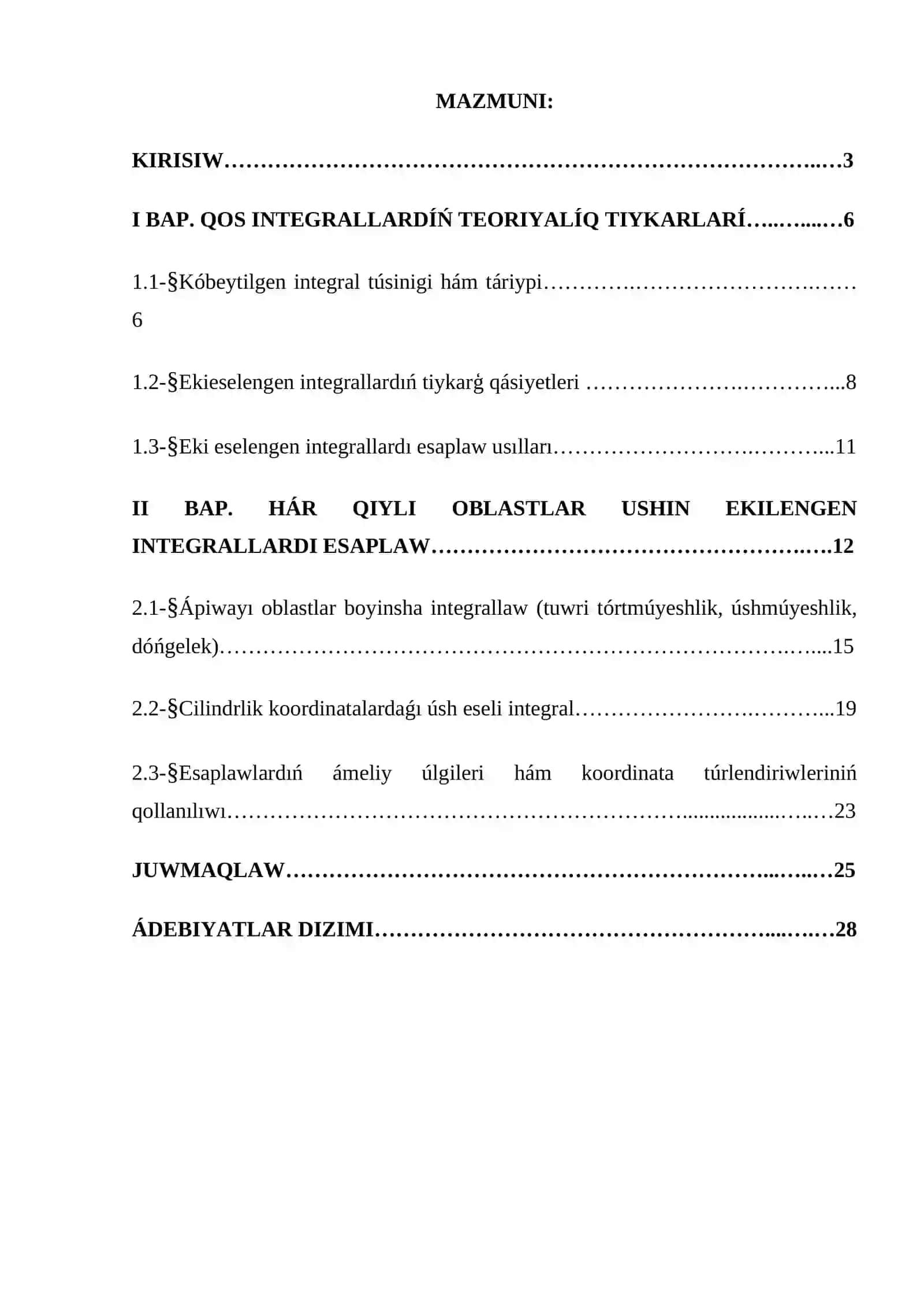 Eselengen integrallar hám olardıń geometriyalıq qollanılıwı 2