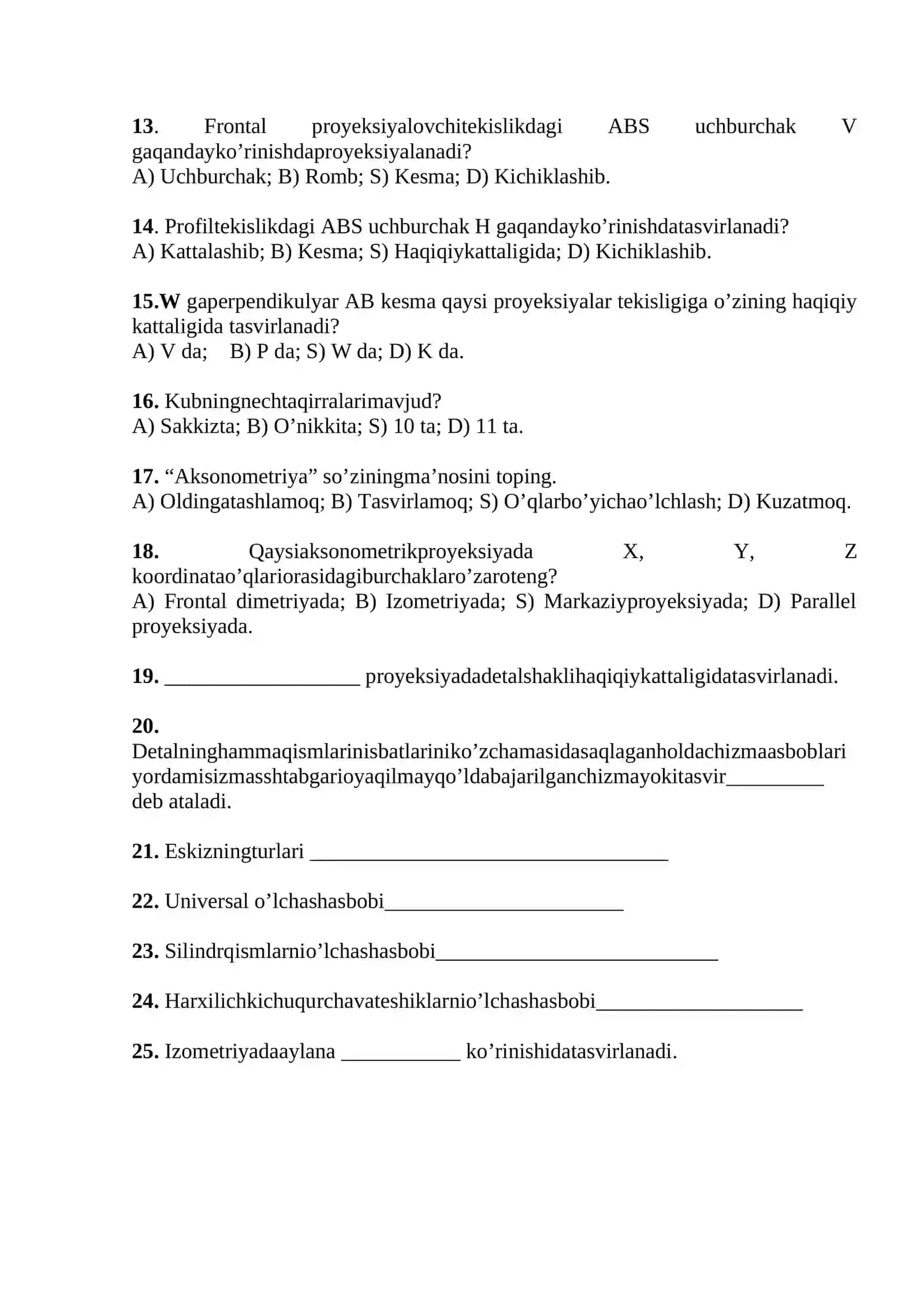 8-sinf uchunchizmachilikfanidan 2-yarim yillikbo’yicha test 2