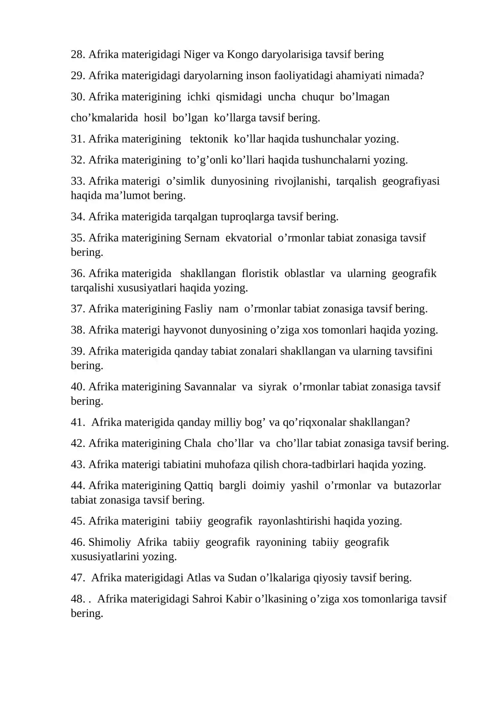 Materik va okeanlar geografiyasi ON savollari 2