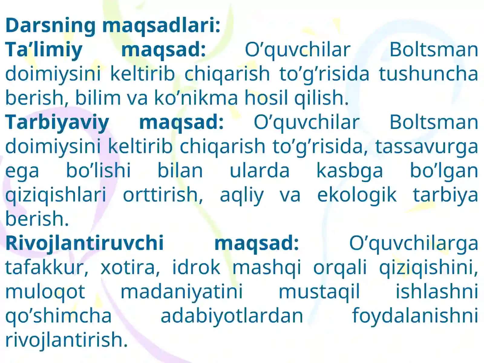 Boltsman doimiysini keltirib chiqarish 2