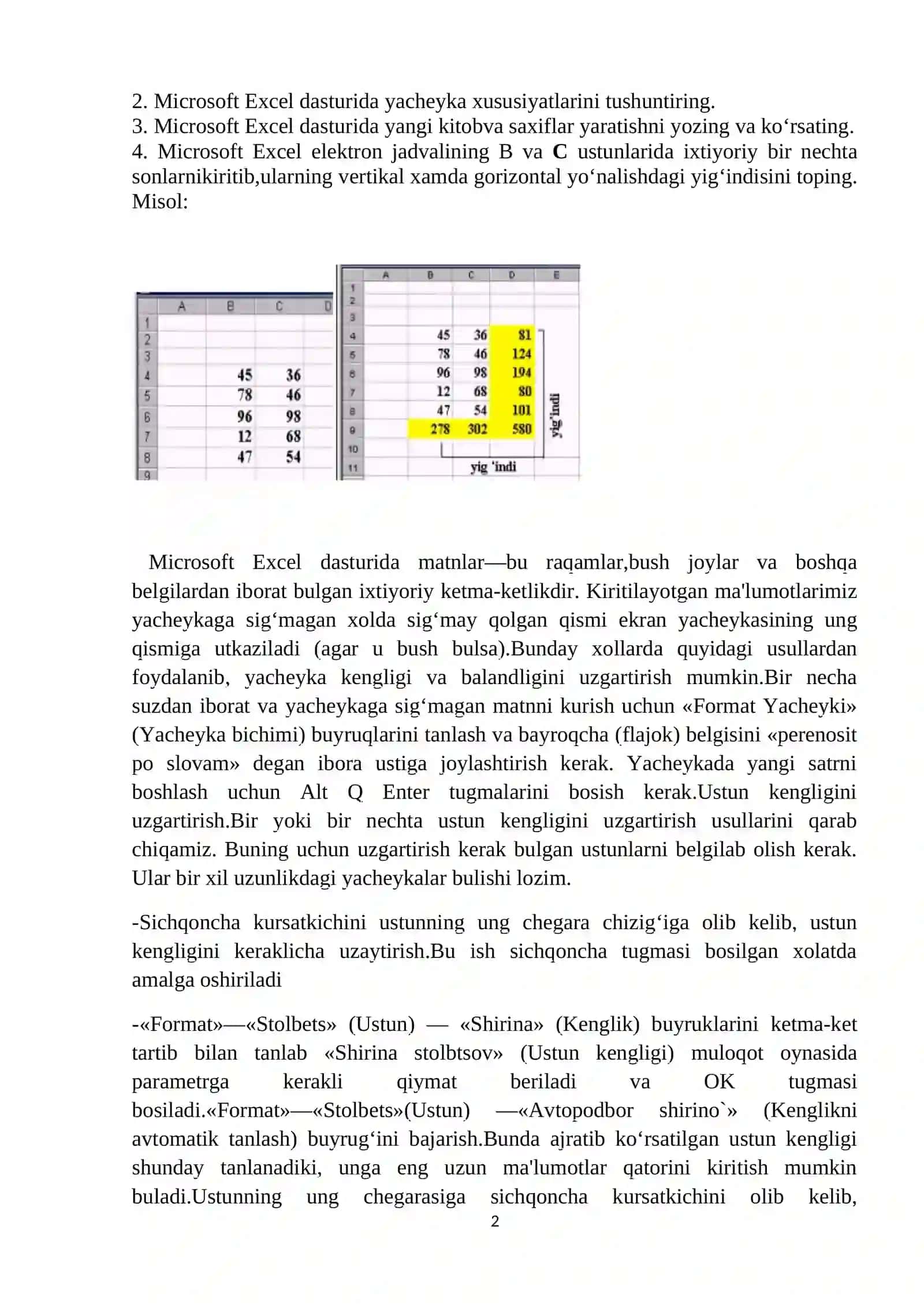 Microsoft Excel dasturida masalalar yechish 2