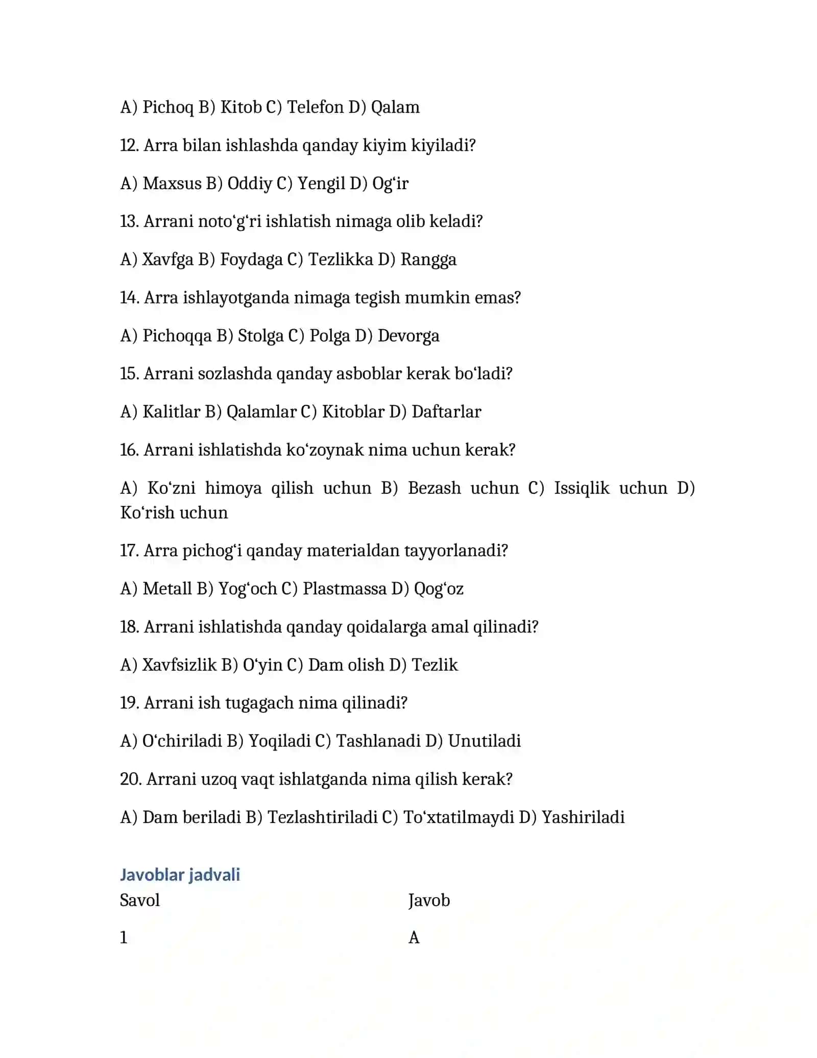 Arrani ishga sozlash mavzusida testlar 2