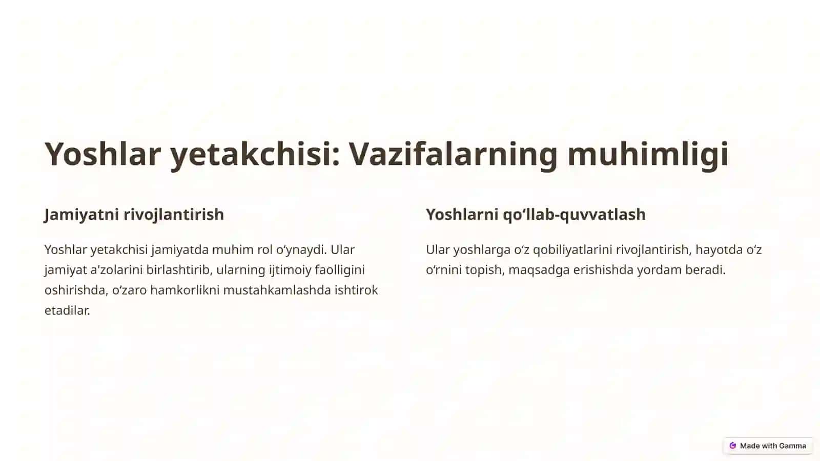Yoshlar yetakchisi:MajburiyatlarvaImkoniyatlar 2