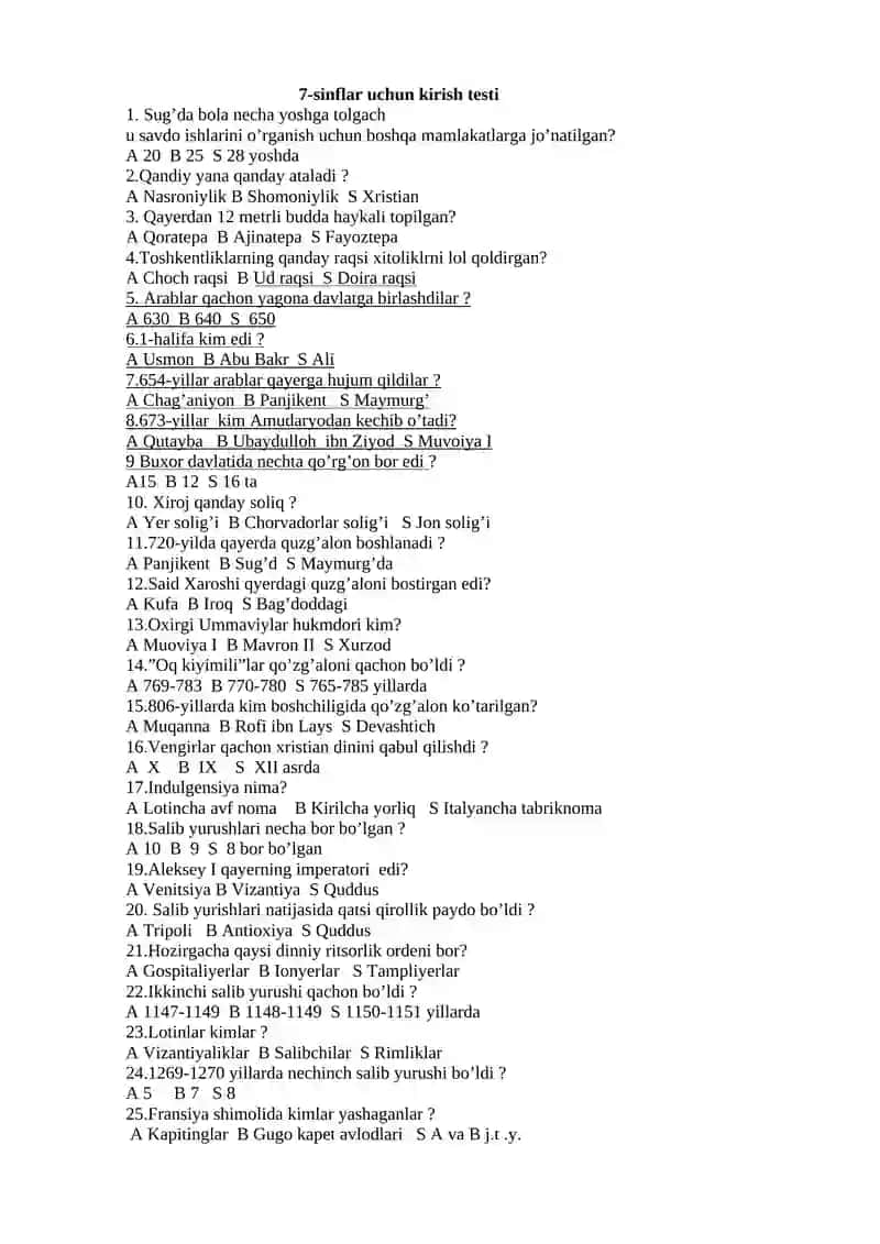 8-sinflar uchun kirish testi 2