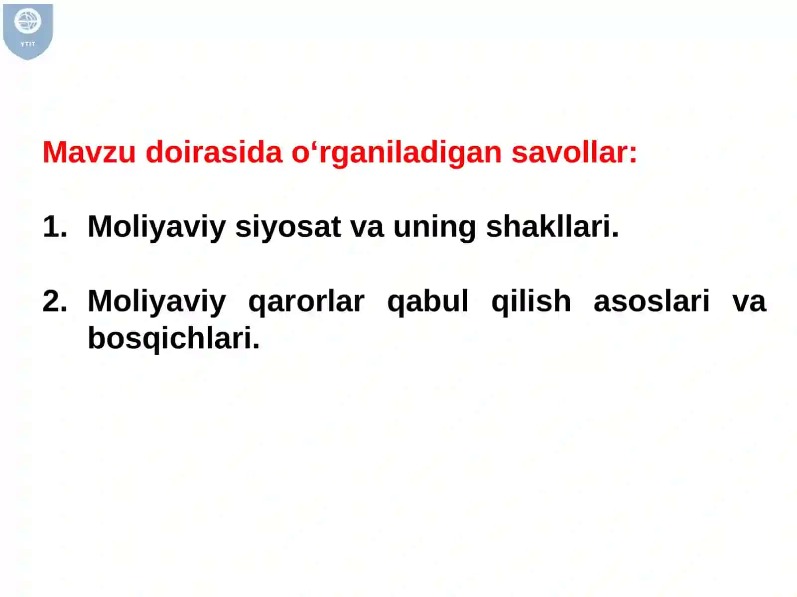 Moliyaviy siyosat va moliyaviy qarorlar 2
