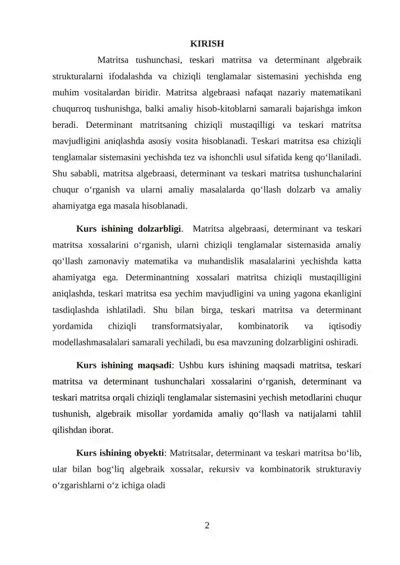 Teskari matritsa va detirminantning qoʻshimcha xossalari 2