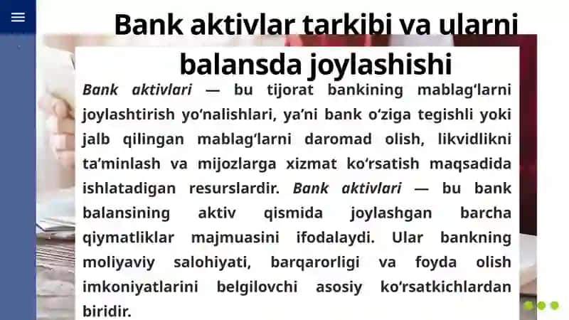 Bank aktivlar tarkibi  va ularni balansda joylashishi 2