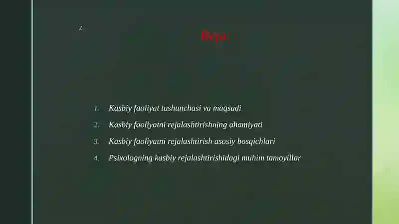 Psixologning kasbiy faoliyatini rejalashtirish asoslari 2