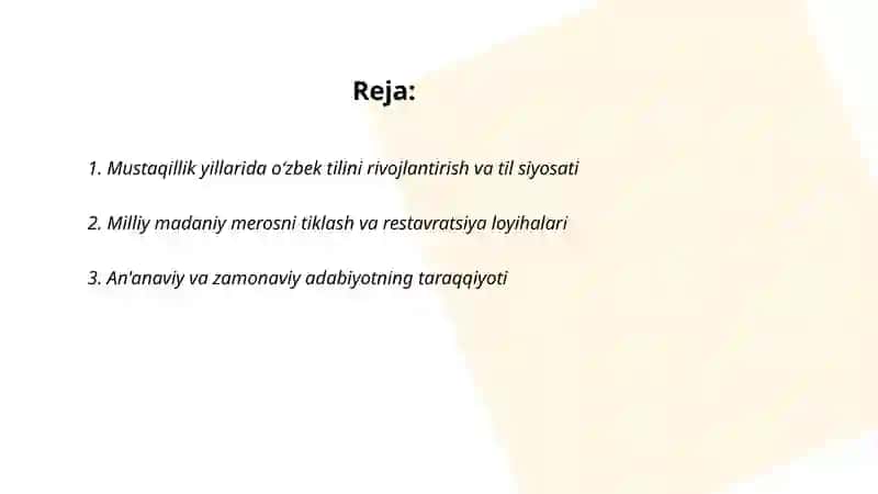 Mustaqillik yillarida O'zbekistondagi madaniy va ma'naviy taraqqiyot 2