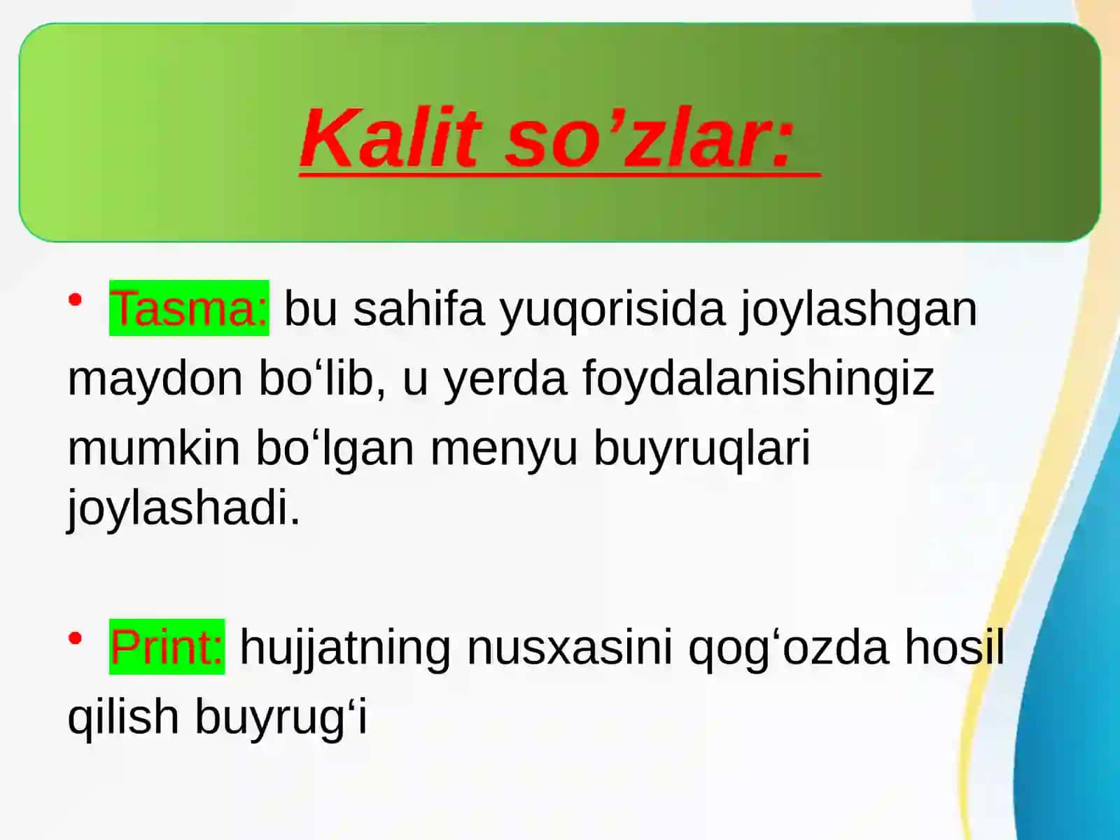 Asosiy tugmalarni tanlash. Hujjatni chop etish 2