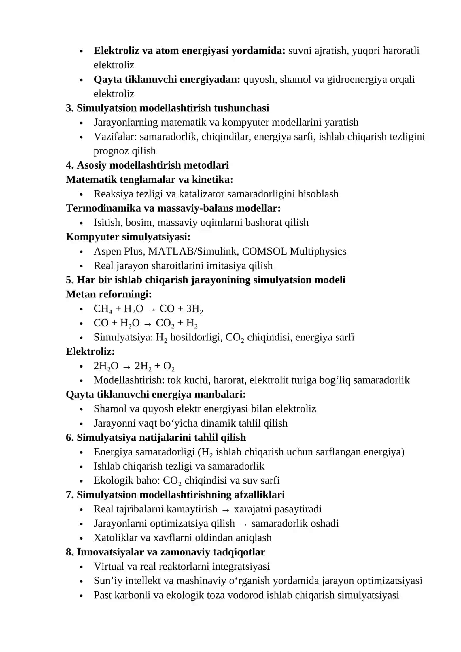 28-mavzu Vodorod ishlab chiqarish jarayonlarining simulyatsion modellari 2