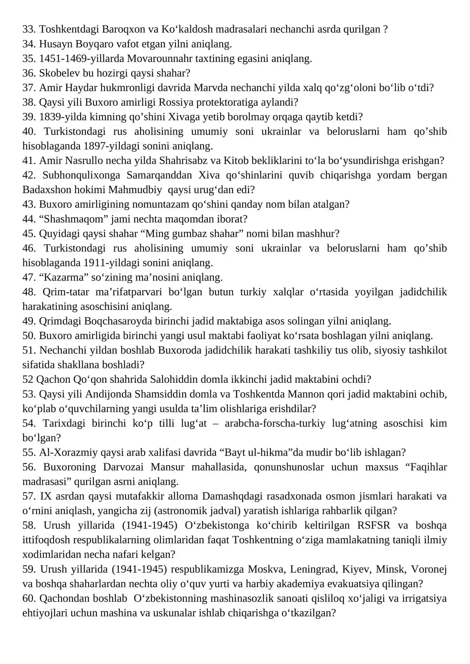 O‘ZBEKISTON TARIX FANIDAN O‘TKAZILADIGAN YaKUNIY DAVLAT ATTESTATSIYaSI SAVOLLAR 2