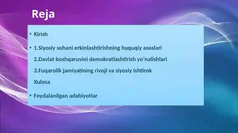 O’zbekistondagi siyosiy sohani erkinlashtirish 2