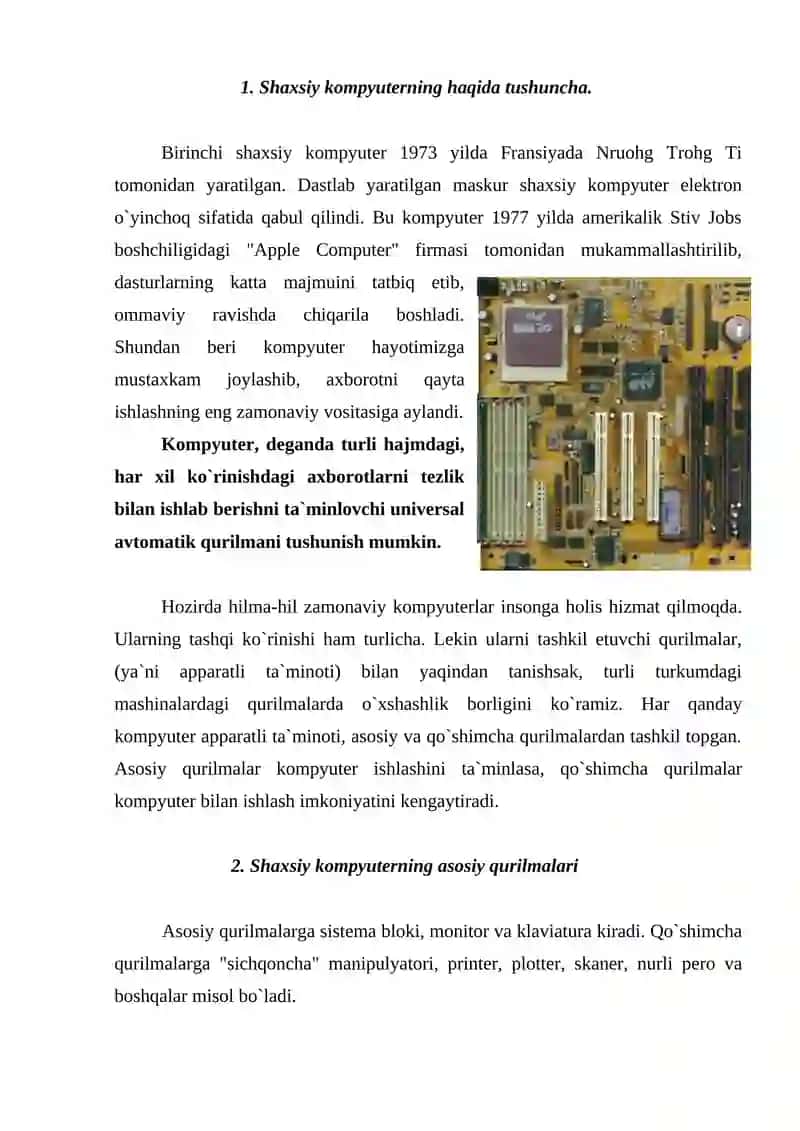 ZAMONAVIY KOMPYUTERLAR VA ULARNING ARXITEKTURASI 2