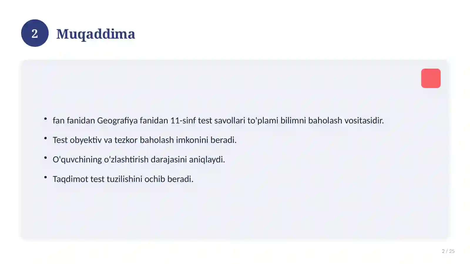 Geografiya fanidan 11-sinf test savollari to'plami 2