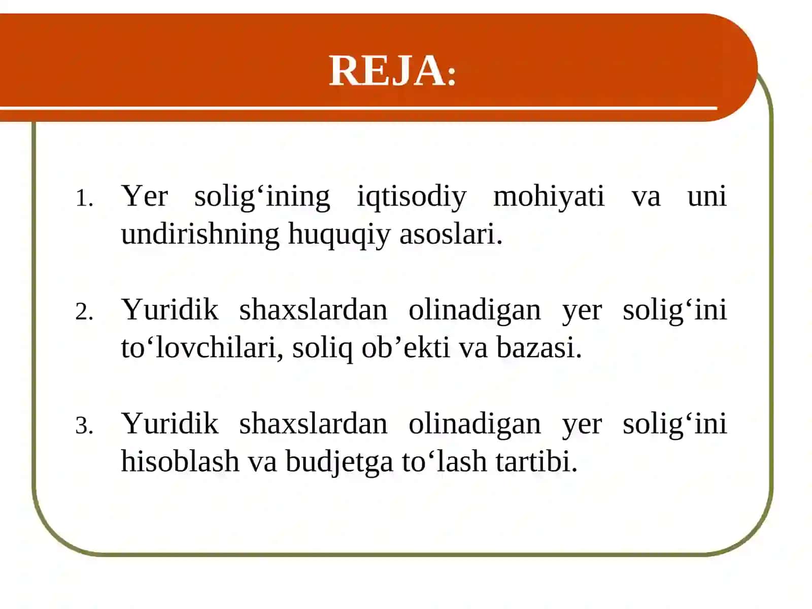 Yuridik shaxslardan olinadigan yer solig’i 2