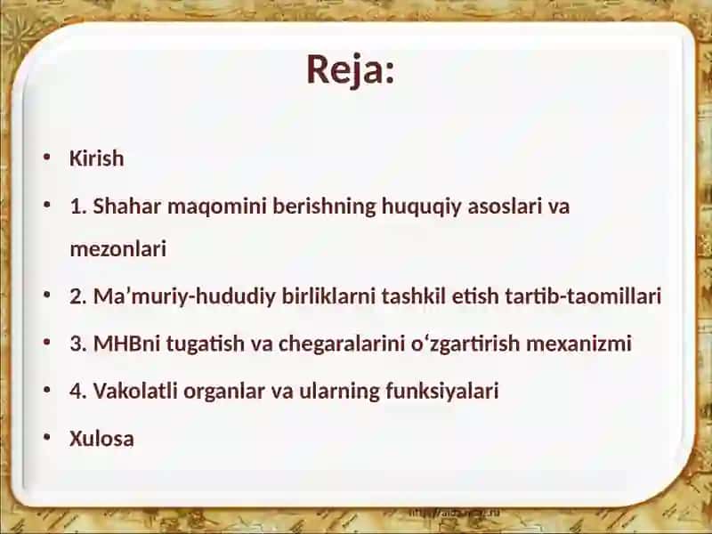 Shahar maqomi berish tartibi, ma’muriy hududiy birliklarni tashkil etish va tugatish 2