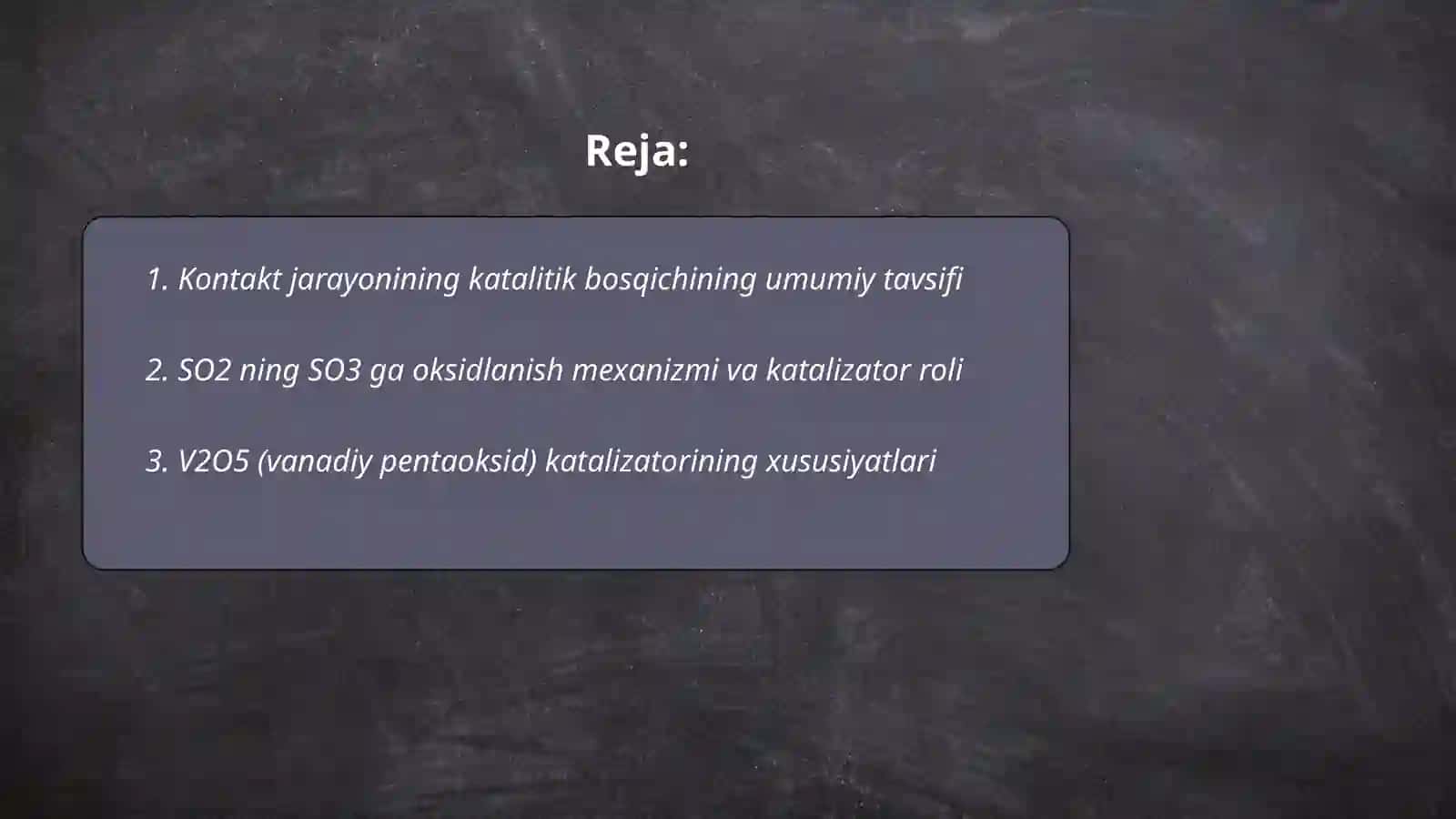 Sulfat kislota ishlab chiqarishda kataliz (kontakt jarayoni). Eldor Maxmudov 2