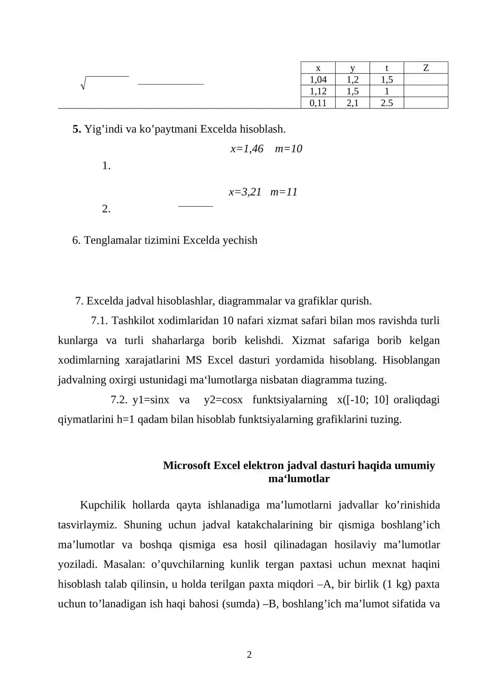 Excel elektron jadval dasturi yordamida amaliy masalalarni yechish 2