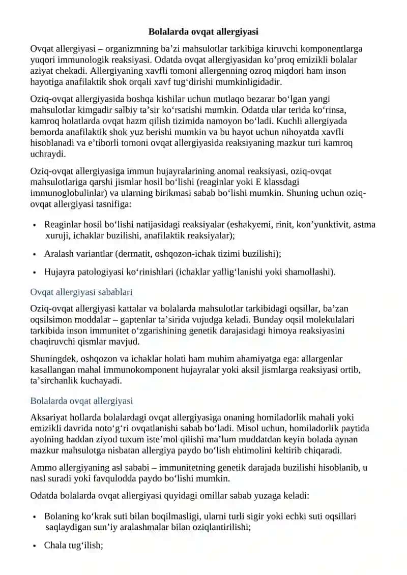 BOLALARDA OVQAT ALLERGIYASI 2