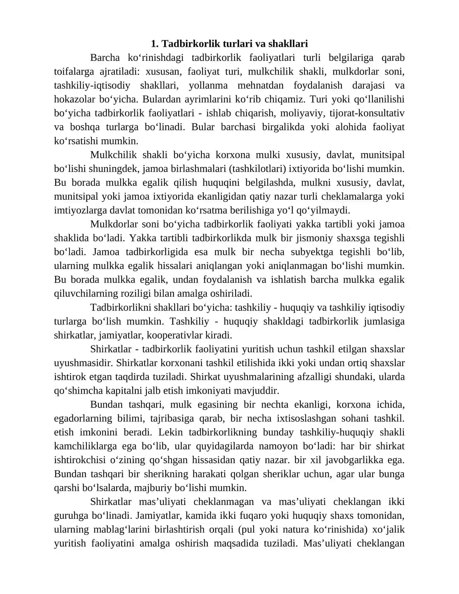 Tadbirkorlik faoliyati mohiyati. Tadbirkorlik shakllari 2