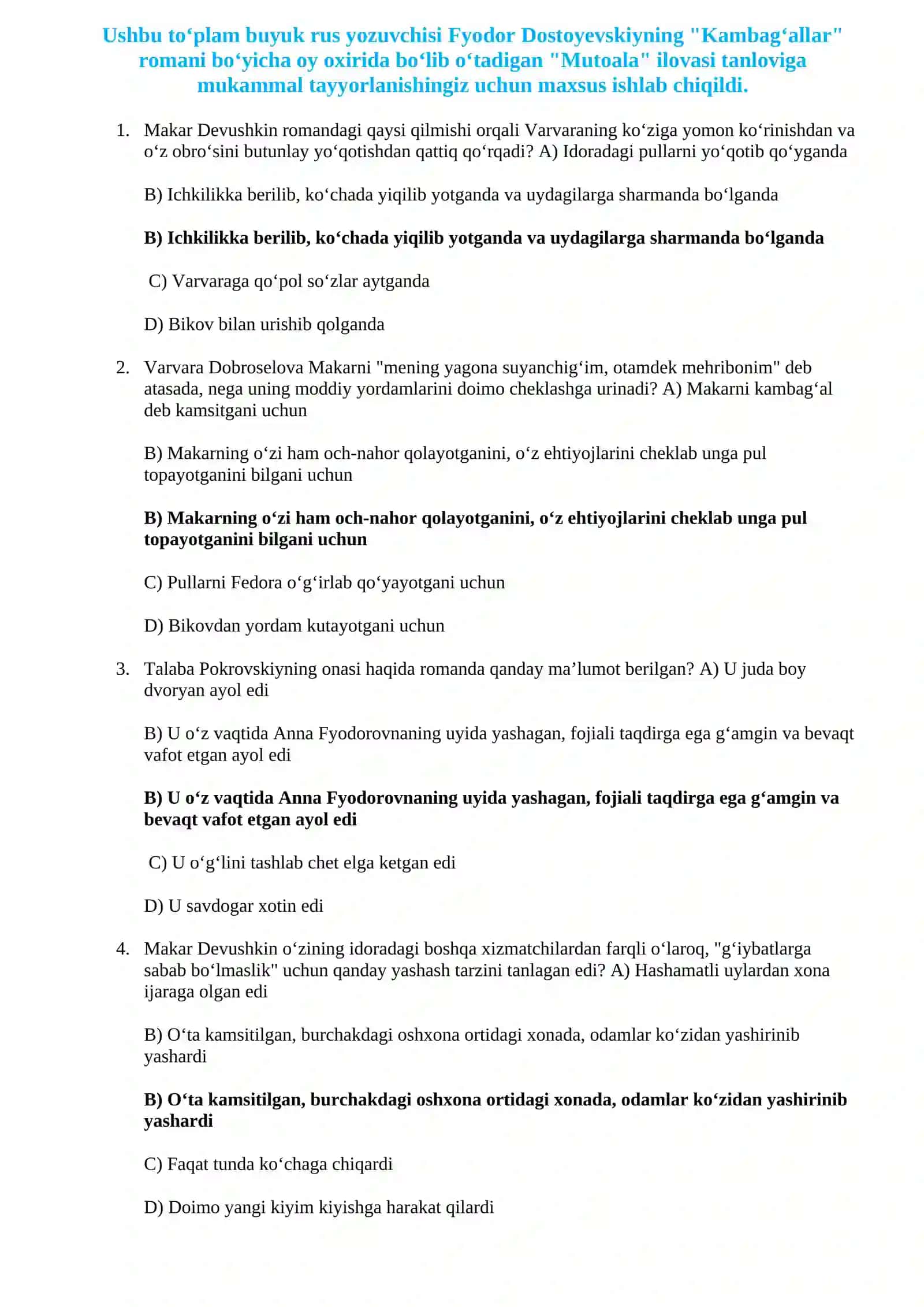 KAMBAG'ALLAR ROMANI BO'YICHA 200+ TEST 2