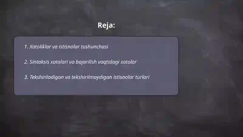 Xatoliklar va istisnolar bilan ishlash 2
