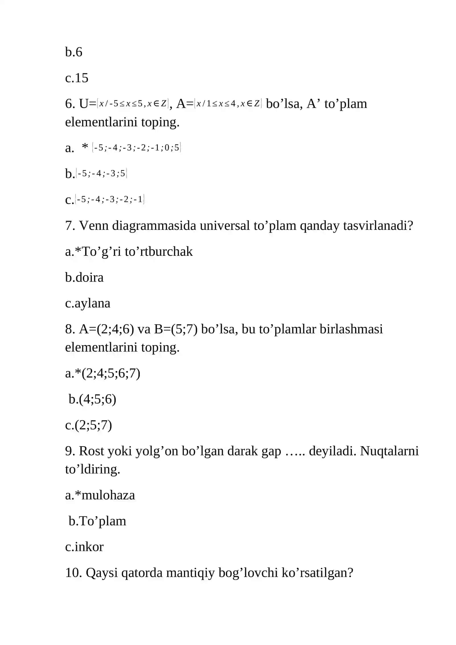 Matematika fanidan 10- sinf o’quvchilari uchun test 2